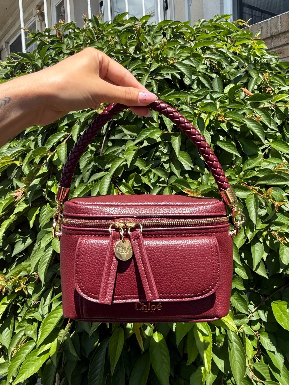 Chloé Beauty Burgundy Leather Top- Handle Pouch Chain Strap Cosmetic Bag NWOT